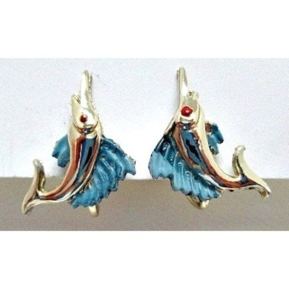 Vintage Swordfish Screw Style Earrings Mid-Century Jewelry - Picture 2 of 3